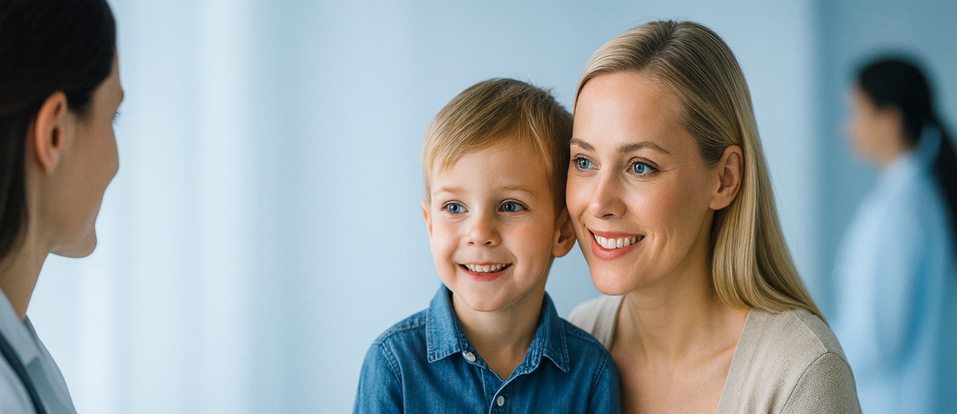 Mama z dzieckiem podczas wizyty u lekarki — spokojna, profesjonalna opieka